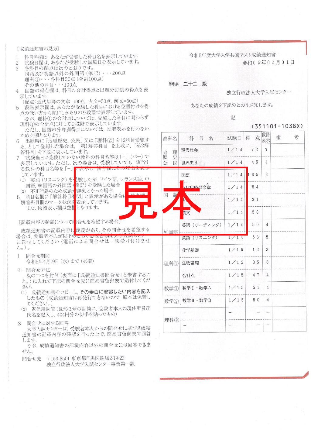 成績通知表の見本